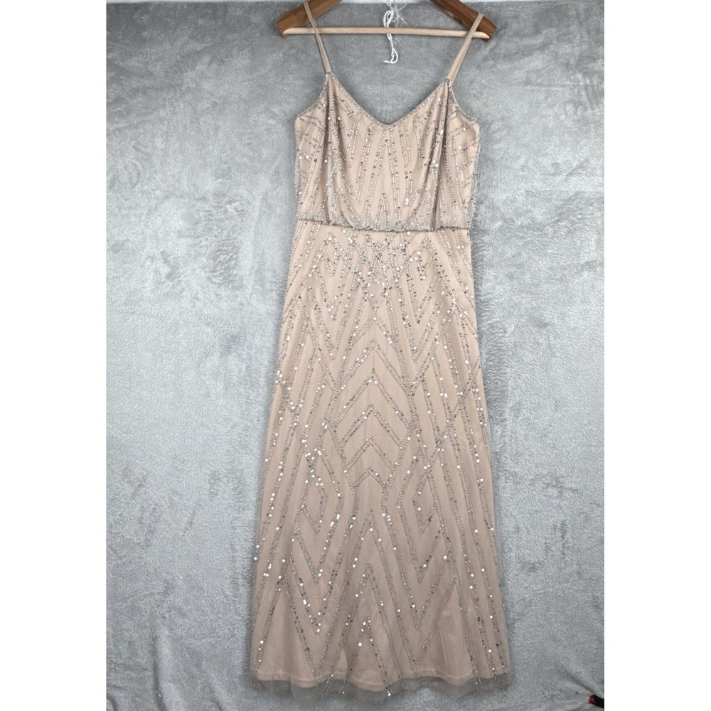 Adrianna Papell Evening Dress Womens 10 Blush Sequin Beaded Sleeveless V-Neck